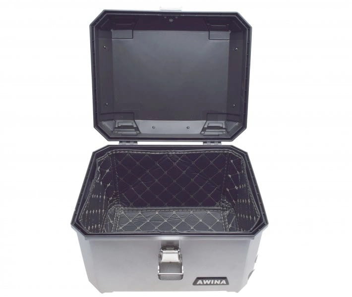 KUFER MOTOCYKLOWY CENTRALNY SKRZYNIA SREBRNY 45L 43.5x38x34 ZESTAW